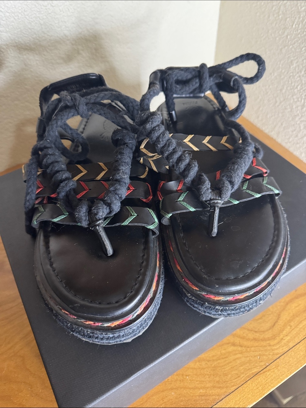 FARM Rio Black Braided Toe-Ring Sandals with Red, Green & Gold Accents